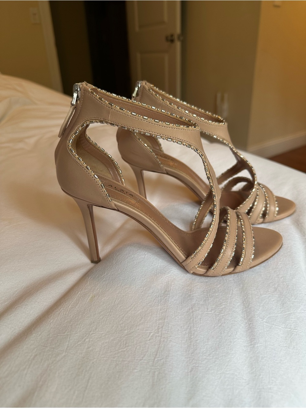 Alaia Beige Crystal-Trim Laser Cut Out Stiletto Sandals